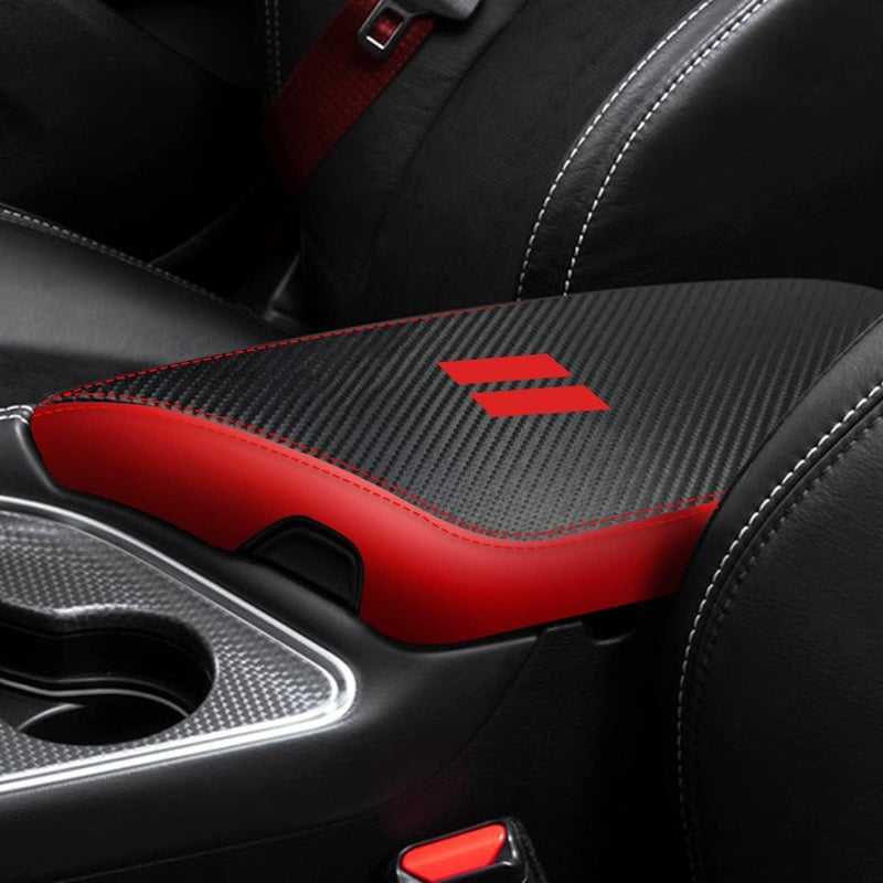 YOFAMO for Dodge Challenger 2015-2023 Car Armrest Cover Waterproof Center Console Pad Covers Scratch Resistance Box Cover Leather Protector Pad Decoration Accessories(Carbon Fiber + Red) - Image 1